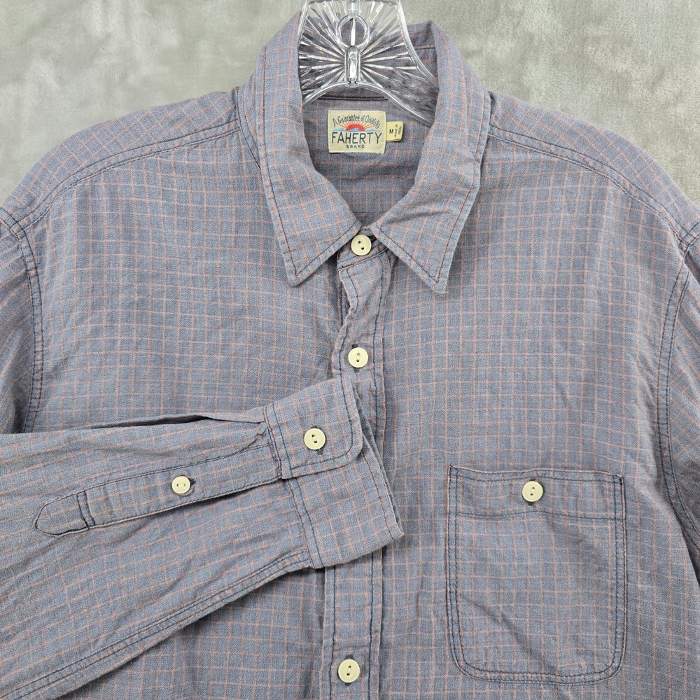 Faherty Button Down Mens Medium Blue Orange‎ Grid Plaid Long Sleeve Cotton Shirt